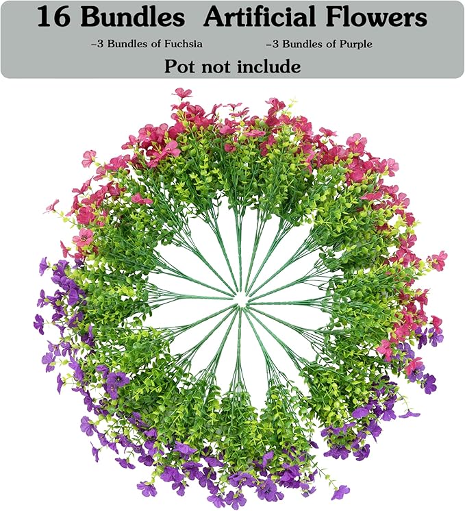 Artificial Fake Flowers Plants for Outdoors Spring Summer Decoration,16 Bundles Faux Flowers Silk Daisy Plants UV Resistant for Outside Planters Front Porch Patio Window Garden(Light Purple,Fuchsia)
