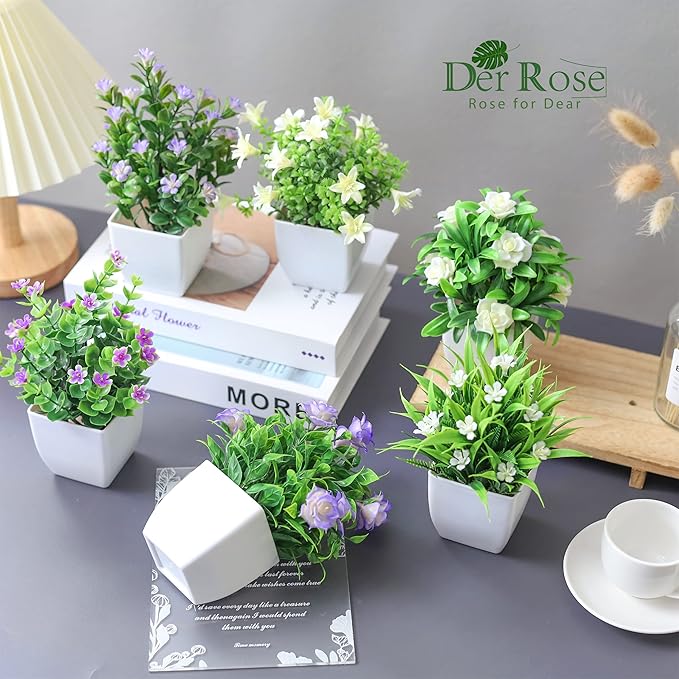 Der Rose 6 Pack Small Fake Plants Mini Artificial Faux Plants with Flowers for Home Room Farmhouse Bathroom Decor Indoor