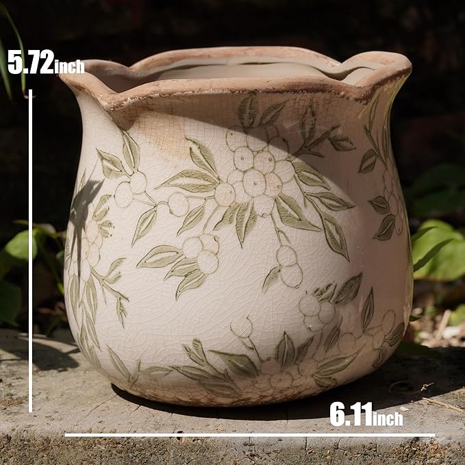 Dosayes Rustic Ceramic Planter, 6 Inch Tuscan Vintage Flower Pot with Drainage, Farmhouse Garden Pot for Indoor Plants, Kitchen & Garden Tuscan Decor, Plant Lover Gift (Light Green)