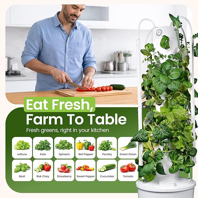 HX Aeroponic Tower | High Capacity Tower | Hydroponics Growing System Kit | Food Grade with 40 Net Pots (with LED Grow Lights)