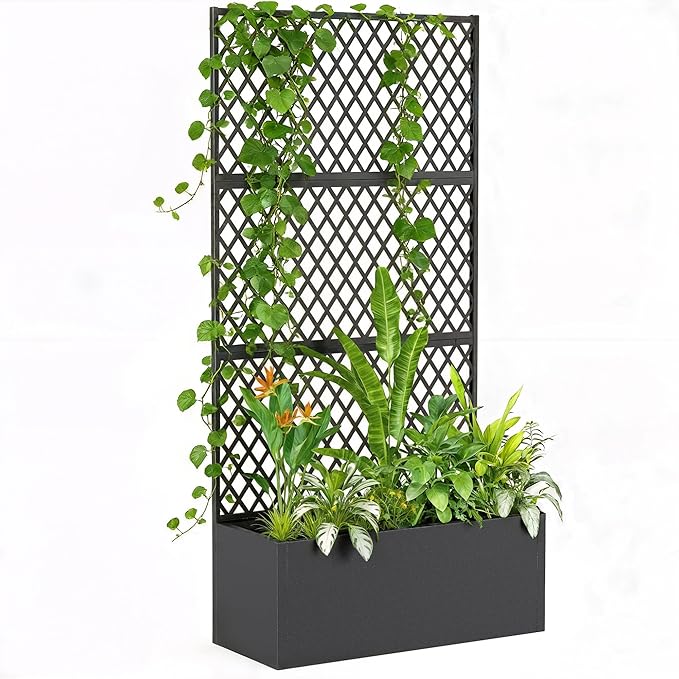 Outsunny Metal Planter Box with Trellis, Raised Garden Bed with Trellis Privacy Screen and Drainage Holes for Climbing Plants, Diamond Lattice Privacy Planter for Garden, Patio, Balcony