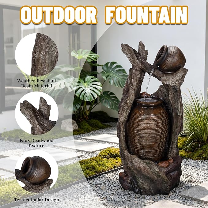 Solarbloom 39.3" H Outdoor Fountain with LED Lights and Pump, Farmhouse Clay Pot Floor Standing Waterfall Fountain, Garden Water Feature Decor