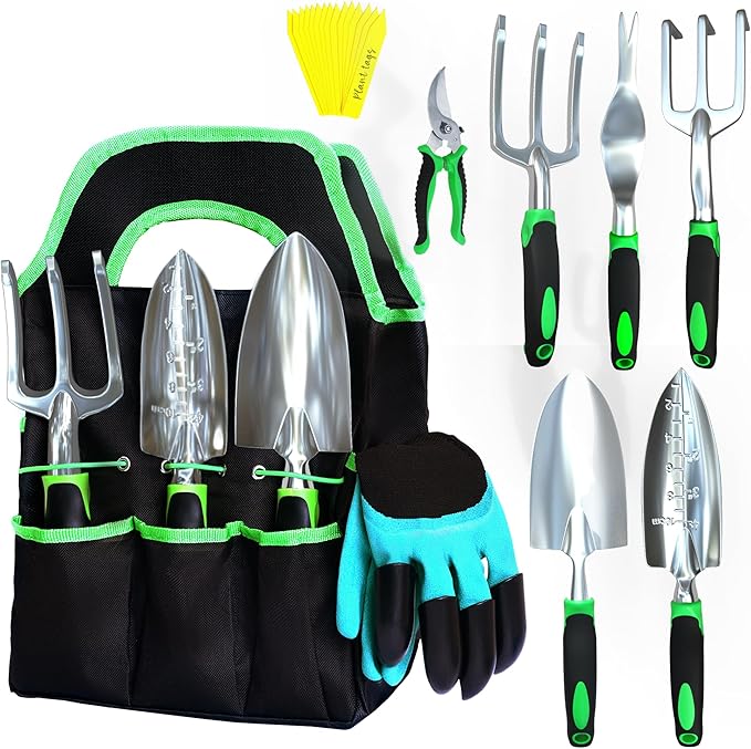 8 PCS Gardening Tools Set with Bag | Heavy-Duty Rust-Proof Hand Tools, Plastic Handles, 15 Plant Tags Included | Garden Tools, Gardening Essentials, Garden Supplies Gift for Men, Women & Gardeners