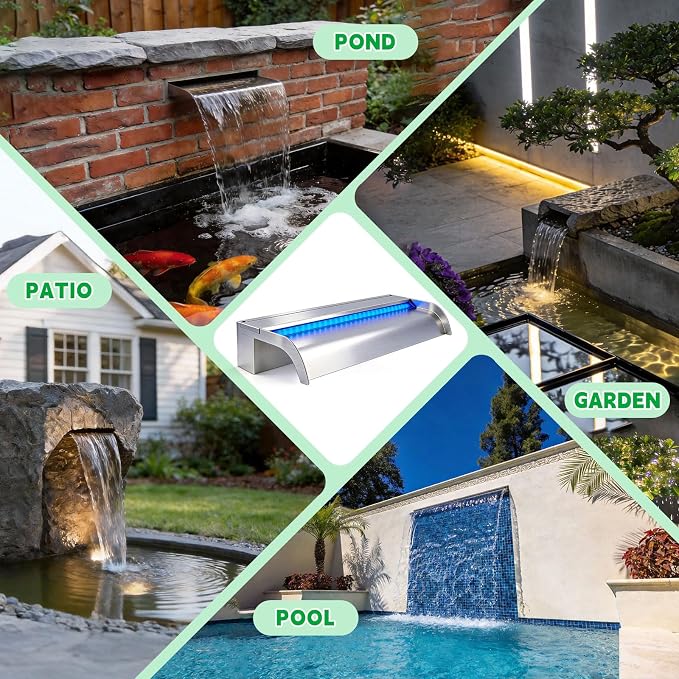 with lid Waterfall Pool Fountain, LONGRUN Stainless Steel Waterfall Spillway for Pools and Ponds - 35.4" Wide Decorative Water Feature for Swimming Pools, Koi Ponds and Garden
