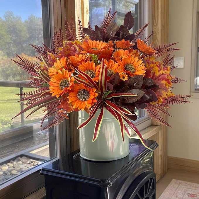 Artificial Sunflowers Flowers Faux Plants for Outdoor, 12 Bundles Fake Silk Realistic Greenery Bushes Look Real UV Resistant for Outside Planters Porch Pot Fall Decor