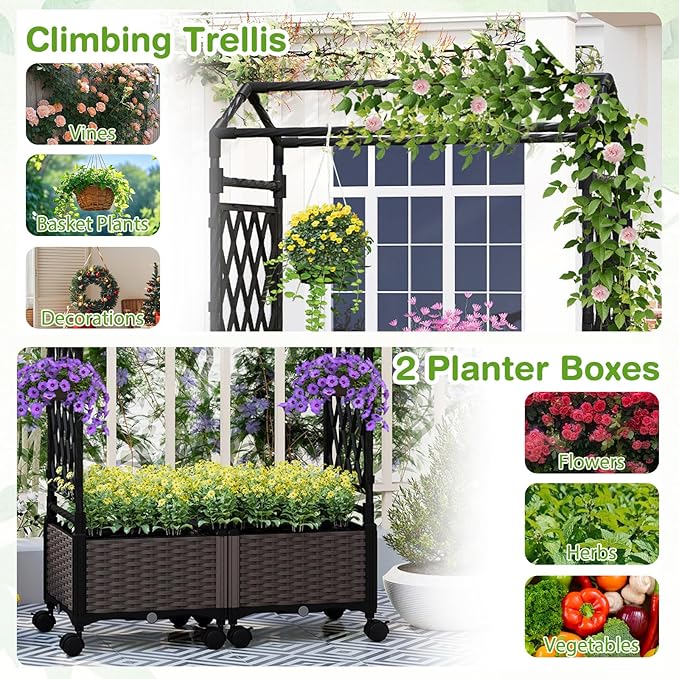 Giantex Planter Boxes with Arch Trellis, 5FT Self-Watering Tall Raised Garden Bed w/Wheels, Hanging Roof & Drainage Holes, Outdoor Indoor Tomato Planter for Climbing Vines Vegetables (61"x16"x64")