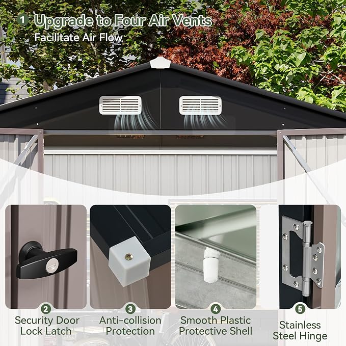Aoxun 8'x6' Outdoor Storage Shed with Base Galvanized Steel Metal Garden Shed for Patio, Lawn & Garden Brown