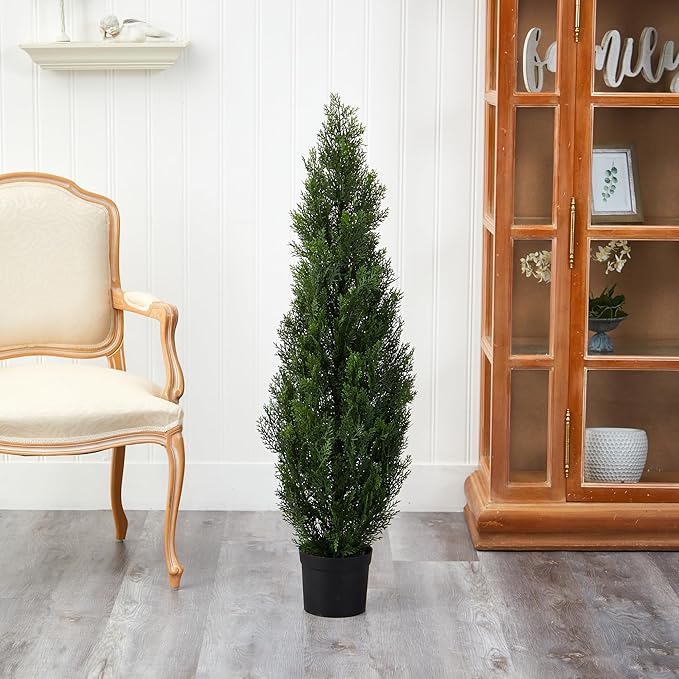 Nearly Natural 4ft Faux Cedar Tree in Nursery Planter, UV Resistant Artificial Pine Tree for Outdoor Front Porch Patio Entryway Decor