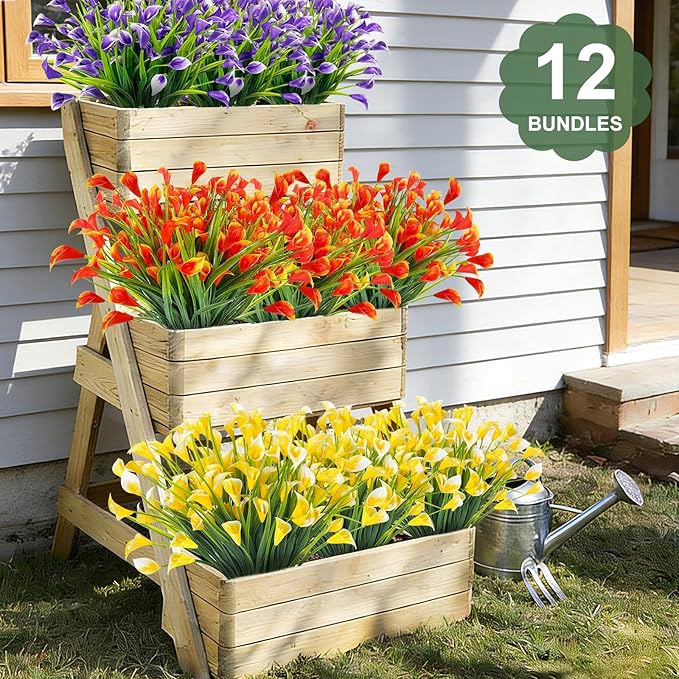 TURNMEON 12 Bundles Calla Lily (240 Heads) Artificial Flowers for Outdoors, Fake Plants UV Resistant Faux Plastic Fake Flowers for Indoor Home Porch Yards Spring Summer Cemetery Decor(Color Mix)