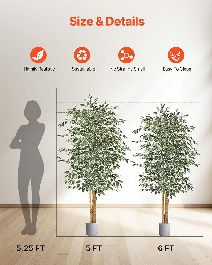 VEVOR 6FT Artificial Ficus Tree with Black Pot, Tall Faux Ficus Plant with Natural Wood Trunk and Realistic Green Leaves, Indoor Fake Silk Tree for Home, Office, Living Room, or Corner Décor