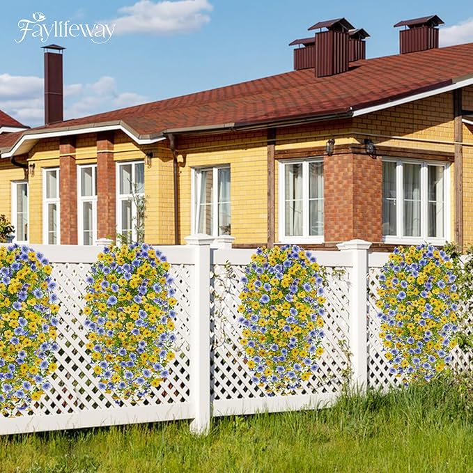 Artificial Hanging Flowers for Outdoors Spring Summer Decoration, 8PCS UV Resistant Silk Fake Hanging Plants for Patio Porch Front Yard Window Garden Indoor Decor(Blue&Yellow,8PCS)