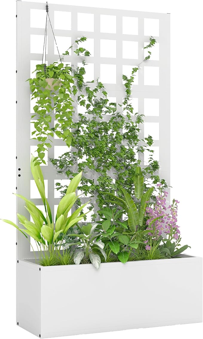 Outsunny Galvanized Raised Garden Bed with Trellis, Metal Planter Box with Drainage Holes, Outdoor Privacy Screen for Climbing Plants, Vegetable, Vines, 24" x 9" x 44.5", White
