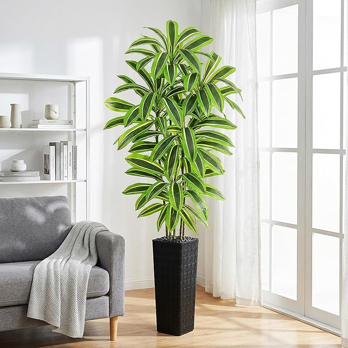Artificial Yellow Dracaena Tree - 7FT Tall Fake Plants with Black Planter - Artificial Plants Indoor Floor Plant in Pot - Large Tropical Fake Yucca Potted Tree for Home Office Living Room Decor