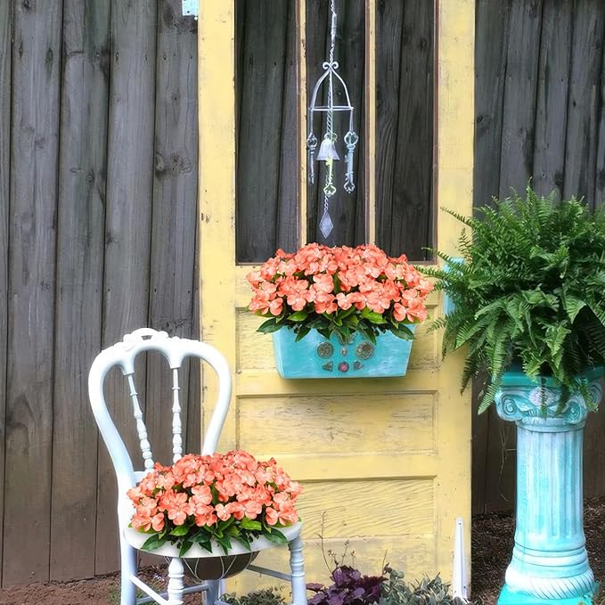 CITYES 4 Pcs Artificial Flowers Outdoor Impatiens UV Resistant Fake Silk Impatiens Flowers Orange Faux Flowers Impatiens Bushes Artificial Impatiens for Outdoor Planter Pot Hanging Basket Porch Decor