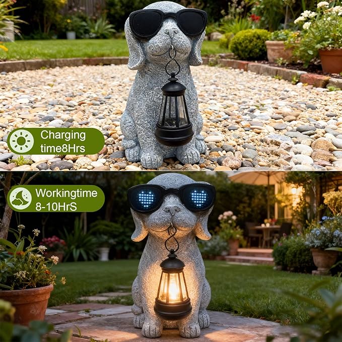 Solar Garden Outdoor Dog Statues - Garden Decorations Dogs Statue with Lantern, Waterproof Led Lights Yard Decor Figurine Birthday Gifts for Women Mom Grandma Dog Lovers for Patio Balcony Lawn