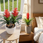 Artificial Flowers for Outdoors, Fake Bromeliad Flowers, Real Touch Fake Plant, Fake Flower for Decor Living Room Home Office Desk, 18 inch, 2 Pcs No Pot (Red)