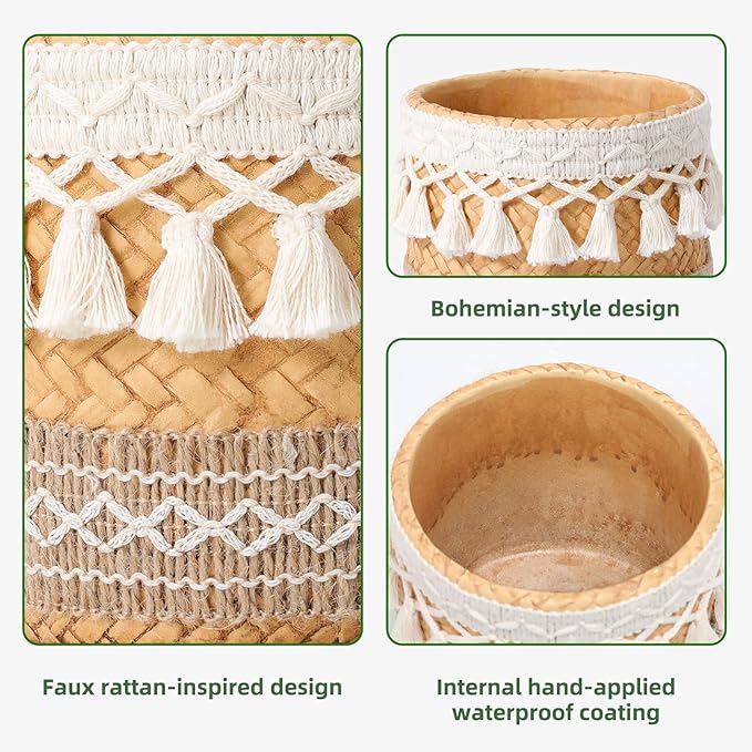 vomiceak Concrete Rattan-Style Plant Basket Planter, 5" Boho Plant Pots Indoor Outdoor with Drainage Hole, Flower Pot for Succulents, Herbs, Modern Farmhouse Decor, Ideal Gift for Plant Lovers
