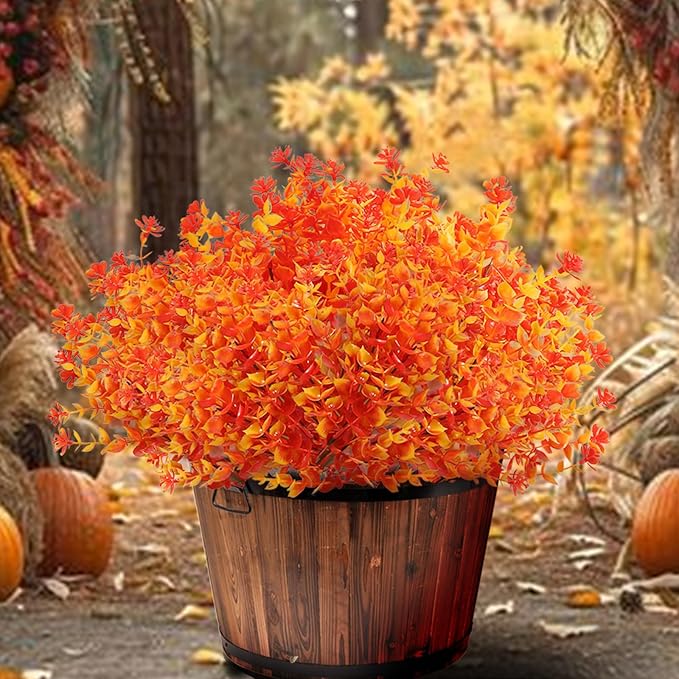 Artificial Fall Flowers for Outdoors, 10 Bundles Faux Flower UV Resistant Fall Fake Mums Plants for Outside Halloween Christmas Porch Decoration Fall Decor(Orange(Eucalyptus))