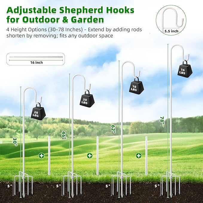 78" White Shepherds Hooks for Outdoor, Bird Feeder Pole with 5 Prong Base, Adjustable Height Shepherds Hook for Hummingbird Feeder, Bird Feeder, Lightweight Plant, Wind Chimes, Lanterns (1 Pack)