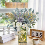 Fake Flowers with Vase, Silk Dusty Blue Rose Hydrangea Lavender Artificial Cemetery Flowers in Vase Faux Dahlia Flowers Arrangement for Table Centerpiece Summer Spring Gravesites Grave Home Decor