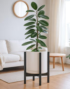 D'vine Dev Ceramic Planter with Ebony Stand - 12 Inch Modern Round Flower Pot with Wood Planter Holder, Oatmeal, 55-B-H-8