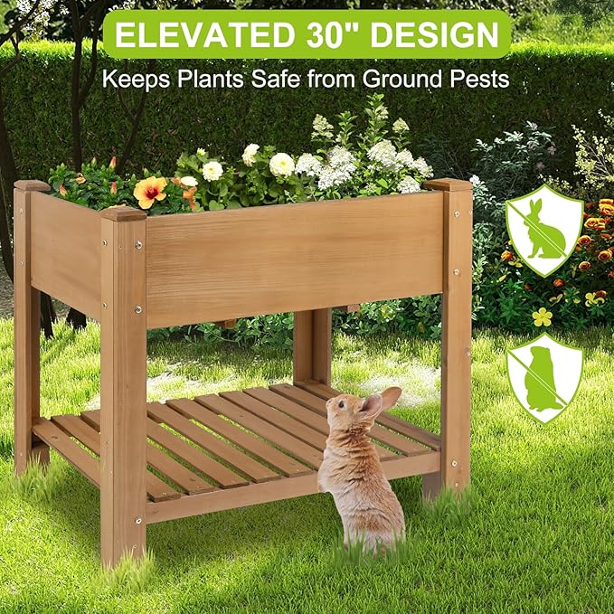 ketive Raised Garden Bed with Legs - Elevated Wooden Planter Box, Durable Fir Wood, Reinforced Frame with Drainage Holes, Liner, and Storage Shelf for Vegetables, Herbs, Flowers, 33.5" x 18" x 30"