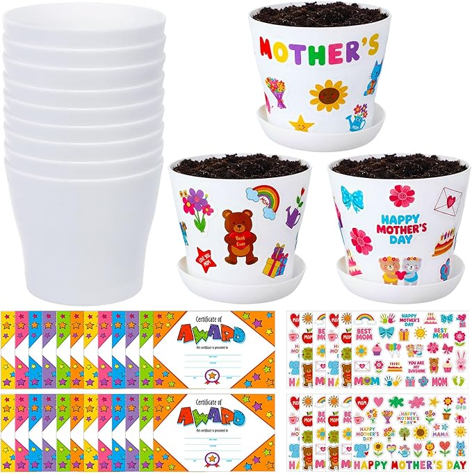 Domensi 30 Pack Garden Pot Craft Kit 4 Inch DIY Happy Mother's Day Crafts for Kids Bulk Small Plastic Flower Plant Pot Plastic Planter with Tray Drainage Holes with Tag, Certificate of Award, Sticker