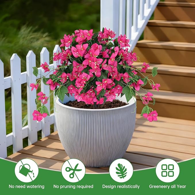 Artificial Bougainvillea Topiary Trees Set of 2, Pink Fake Shrubs Bushes with Ground Spike, Faux Evergreen for Porch Plants, UV Resistant Artificial Flowers for Outdoors Indoor Front Garden