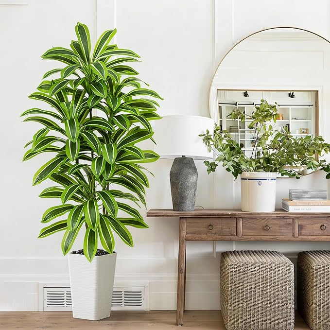 Artificial Yellow Dracaena Tree - 5FT Tall Fake Plants with White Tall Planter - Artificial Plants Indoor Floor Plant in Pot - Large Tropical Fake Yucca Potted Tree for Home Office Living Room Decor