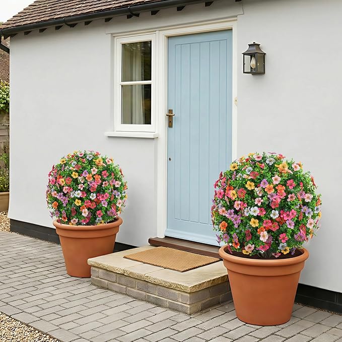 Dense Multi-Color Artificial Flower Topiary Ball Trees 24 Inch, Set of 2 Fake Plants with Ground Spike, UV Resistant No Fade Faux Bushes for Spring Garden, Patio, Porch, Yard, Outdoor Decor