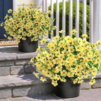 Artificial Morning Glory & Eucalyptus Topiary Trees - Set of 2 Faux Silk Flower Potted Plants, UV-Resistant Fake Outdoor Morning Glory Bushes for Front Door, Yard, Farmhouse, Garden Decor (Yellow)