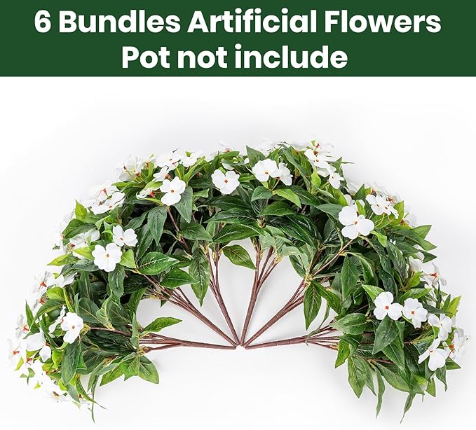 Nigirior Artificial Fake Flowers for Outdoor Décor 6 Bundles UV Resistant Fake Plants for Planter Faux Impatiens for Home Porch/Garden Stunning（White）