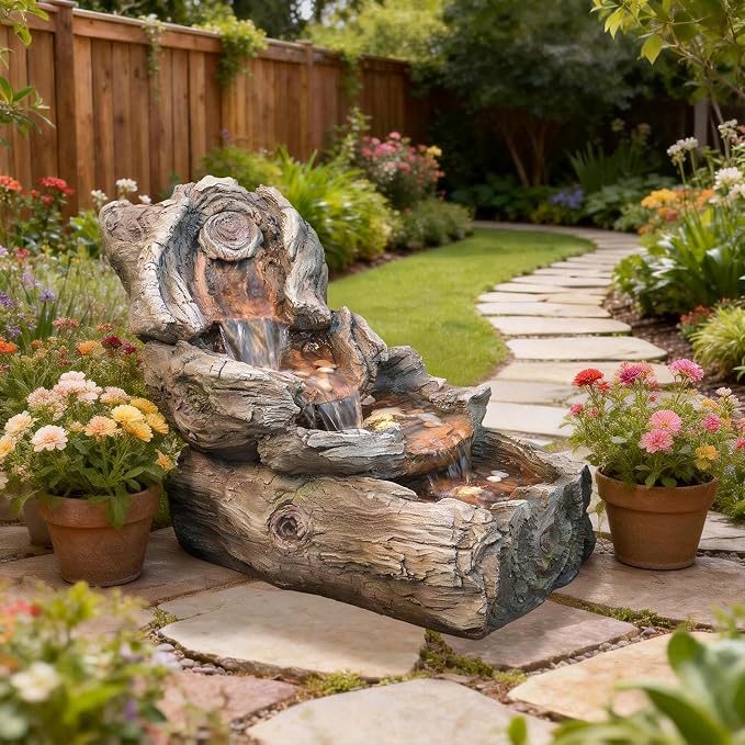 Sunlinua 31.5" L Outdoor Water Fountain with 3 Tiers Cascading Realistic Tree Trunk Waterfall Fountains with LED Lights Outdoor Water Fountain for Garden Patio Backyard Porch Home Decor
