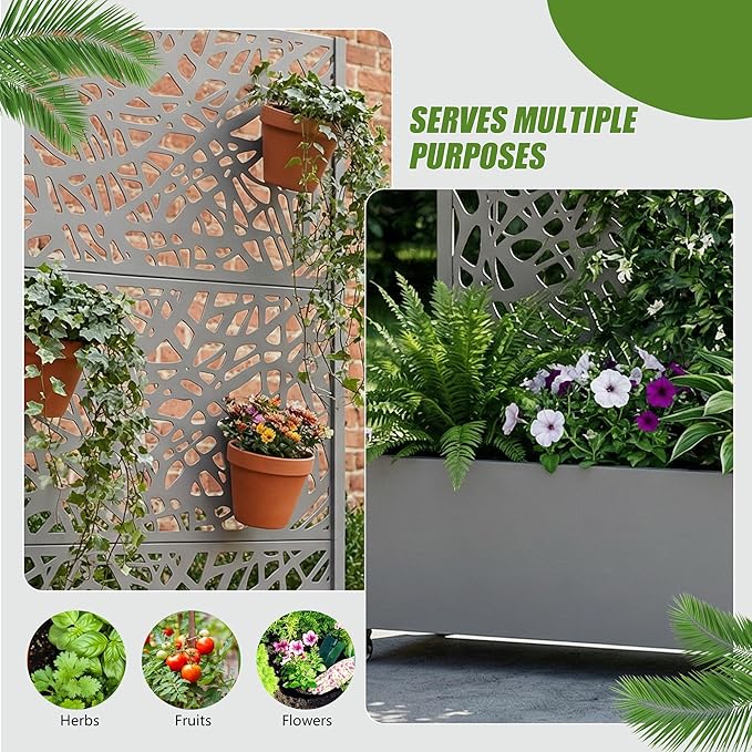 Casaphoria Metal Raised Garden Bed with Trellis and Wheels, 72"x35"x16" Planter Box for Climbing Plants, Vegetables & Vines, Features Drainage Holes and Privacy Screen, Grey-Net
