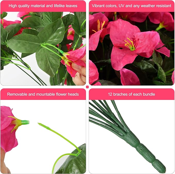 INSPRING Faux Bougainvillea Artificial Flowers for Outdoors Summer Outside Decor, 4 Bundles UV Resistant Realistic Fake Plants Silk Flowers for Porch Patio Window Outdoor Planter Garden Home, Hotpink