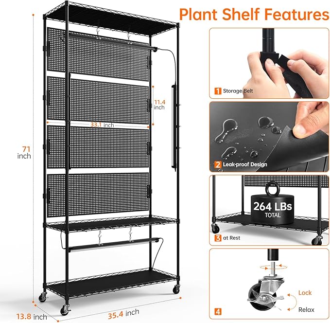 Bstrip Plant Cabinet with Pegboard, 3 Tier Plant Shelf with Grow Light, Metal Plant Stand with 4 Pack 96W Grow Lights for Indoor Plant, Foliage Plants, Seed Starting, 35.4"x13.8"x71"