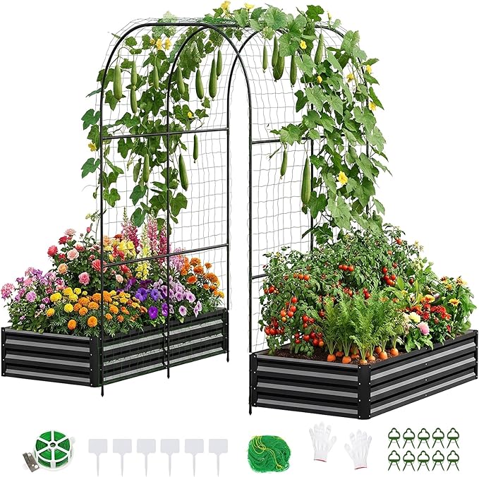 DoCred 3 in 1 Raised Garden Bed with 87in Tall Arch Trellis for Climbing Plants, Galvanized Planter Garden Box Outdoor for Gardening, Climbing Vegetables, Flower, Black