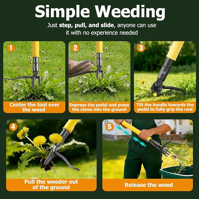 Weed Puller Tool Stand Up with Slide-Release Ejection, Reinforced Steel Weeder with 3-Section Long Handle, No-Touch Cleaning for Lawn & Garden, Heavy Duty No Bend Weeding Tool for Dandelions, Thistles