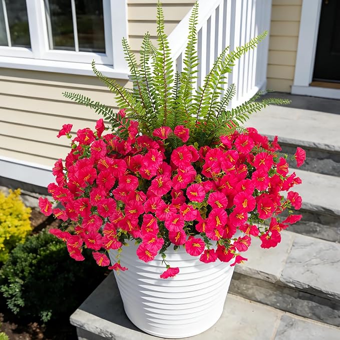 Hrobek Artificial Flowers for Outdoors Faux Plants Outside Indoor,UV Resistant Silk Fake Petunia Ferns for Home Patio Garden Back Yard Front Porch Decor(13 Bunches,Hot Pink)