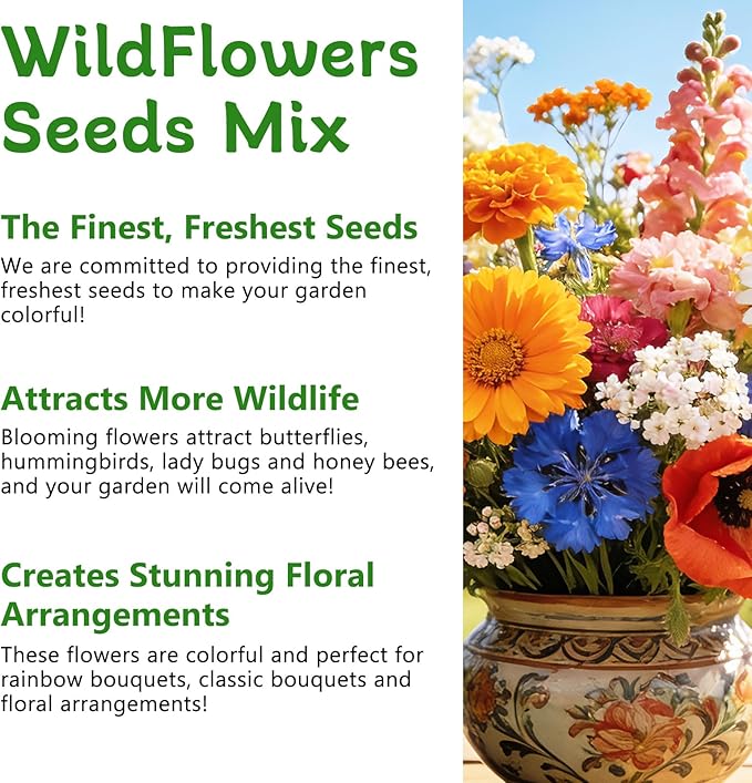 LUOJIBIE Wildflower Seeds Bulk, 20,000+ Flowers Seeds for Planting Outdoor, 16 Varieties Annual & Perennial Flowers Seeds Mix Color for Garden, 4 Oz Packet, Non-GMO, Attracts Pollinators, Easy to Grow