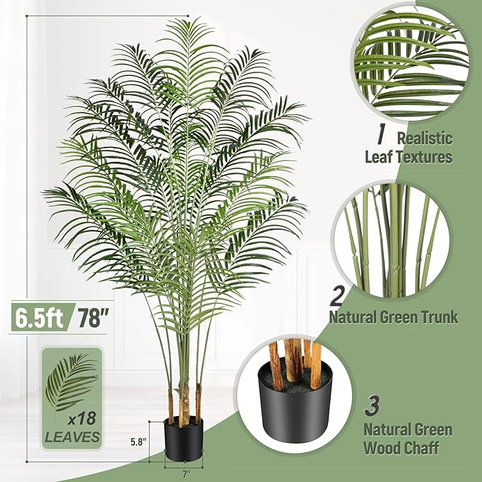 Artificial Palm Tree 6.5ft Tall Fake Palm Tree Indoor Decor with 18 Trunks and Real Bark Design Faux Tropical Areca Palm Silk Floor Plant in Pot for Home Office Living Room Bedroom Decor 1pcs