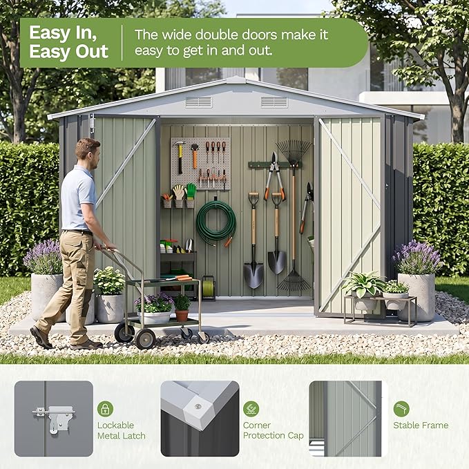 Patiowell 10 x 12 FT Outdoor Metal Storage Shed, Heavy-Duty Shed Storage with Lockable Doors and Steel Frame, Utility Tool Outside Large Storage Shed for Garden, Patio, Backyard, Gray