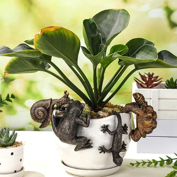 Weysat 4 Pcs Vintage Resin Frog Tortoise Snail Gecko Planter Pot Hugger Figurine Flower Pot Animal Climbing Statue Vase Miniature Fairy Garden Terrarium Decor Patio Lawn Yard Outdoor Fence Hanger