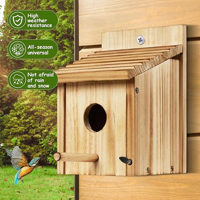NATUREYLWL Outdoor Wooden Bird House, Birdhouse DIY Assembly Kit, Durable Bluebird Nesting Box with Cleaning Door, Weather-Resistant Garden Decor for Small Wild Birds