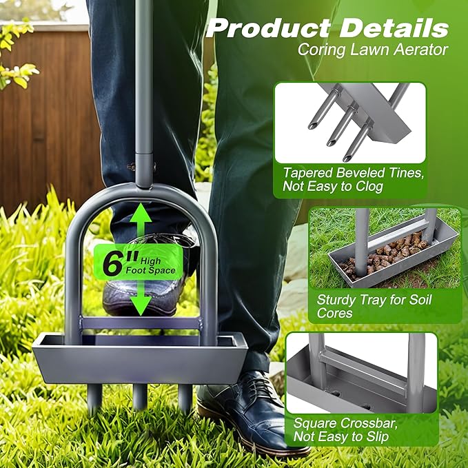 Walensee Lawn Aerator Coring Tool with Soil Core Storage Tray, 38.2" Manual Yard Plug Aerator with 3 Tines, Grass Aeration Gardening Tool with Cleaning Tool for Lawn Care and Compacted Soil
