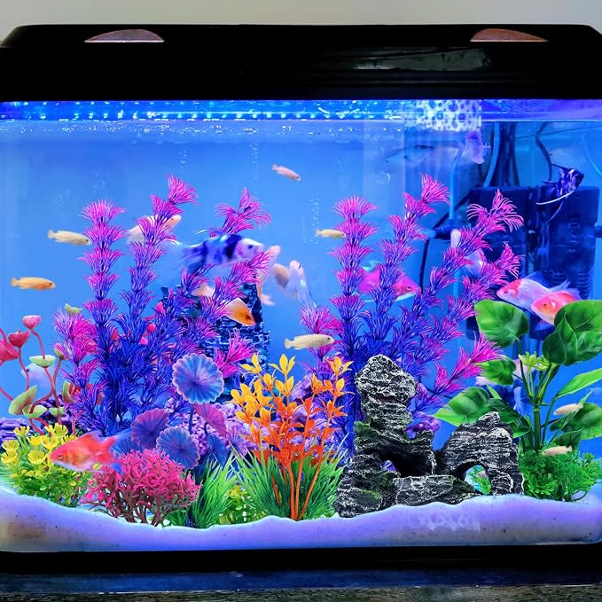 QUOZUO Fish Tank Accessories Aquarium Decorations Plants, 9pcs Colorful Fish Tank Artificial Plants and Cave Rock Decor Set, Aquarium Decor Plastic Plants