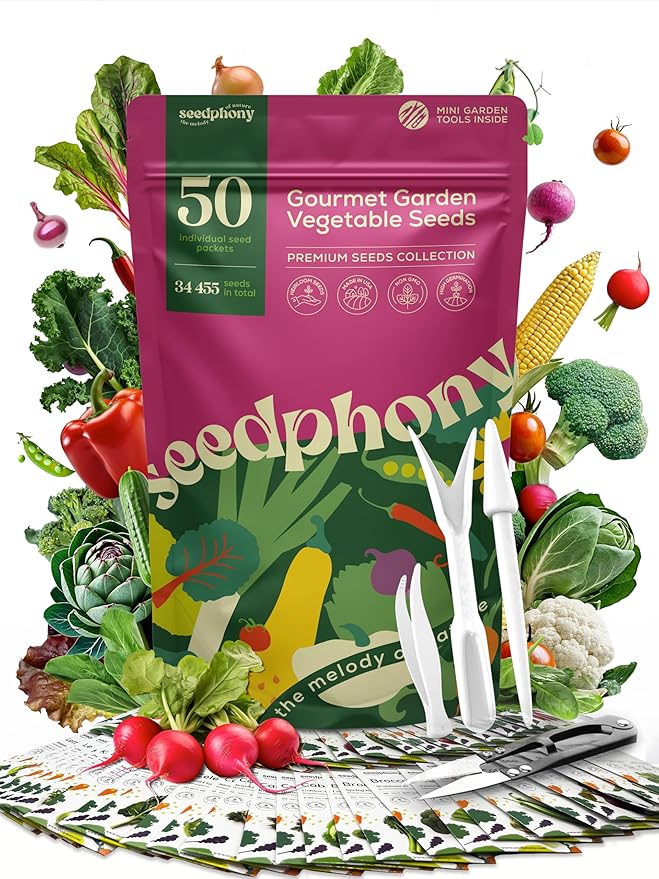 Seedphony 50 Gourmet Garden Vegetable Seeds Variety Pack - 34,455+ Non-GMO Heirloom Vegetables Seeds for Planting Indoor Outdoor: Broccoli, Carrot, Onion, Lettuce, Pepper - Gardening Seed Packets