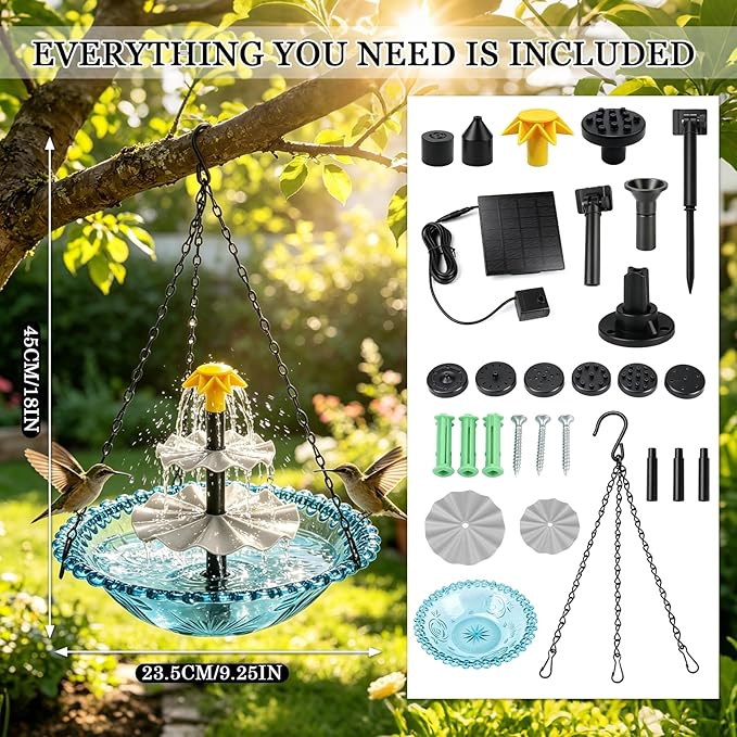Solar Hanging Bird Bath Fountain - Upgraded 3-Tier Hanging Birdbath, Bird Baths for Garden Patio Yard Decor, Blue Outdoor Humming Birds Cascade Baths Fountains