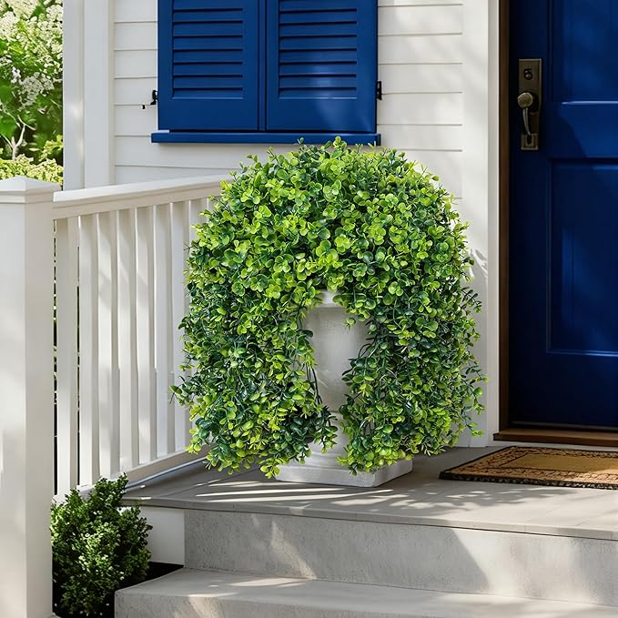 Faux Outdoor Plants Fake Hanging Plants for Outdoors Outside Decorations, 2 Pcs Green Faux Eucalyptus Stems Realistic UV Resistant Artificial Greenery for Planters Porch Garden Yard Front Door Patio