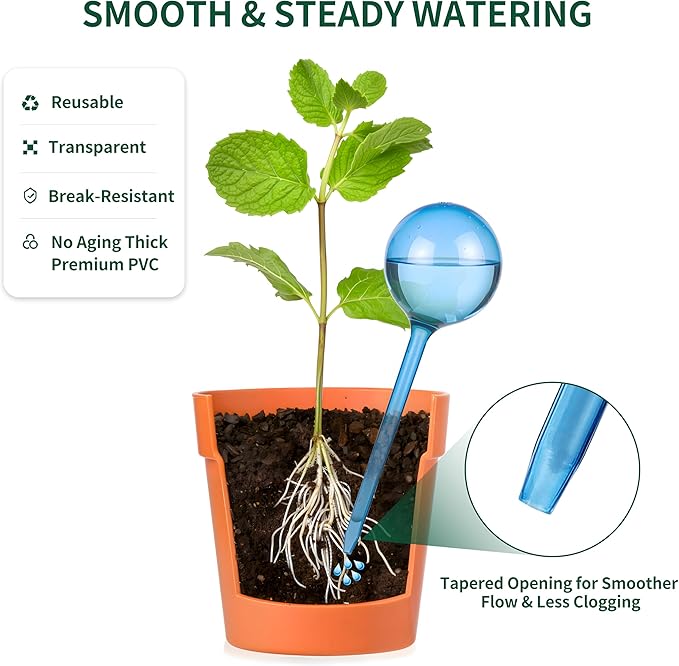 12-Pack Plastic Plant Watering Globes, Premium PVC Shatter-Resistant Plant Waterer, Self Watering Planter Insert with Tapered Opening, Automatic Watering Spikes for Daily & Vacation